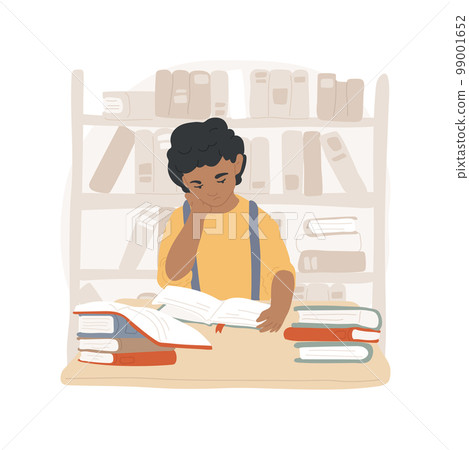 Psychological test isolated cartoon vector illustration. Sad child is sitting with many books at the table, gifted child psychological issue, emotional intelligence for kids vector cartoon. Psychological test isolated cartoon vector illustration. Sad child is sitting with many books at the table, gifted child psychological issue, emotional intelligence for kids vector cartoon. 99001652