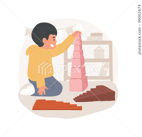 Understanding width and length isolated cartoon vector illustration. Measure object width, montessori tool, comparing length, Pink Tower, Brown Stair, Red Rods, visual sense vector cartoon. 99001674