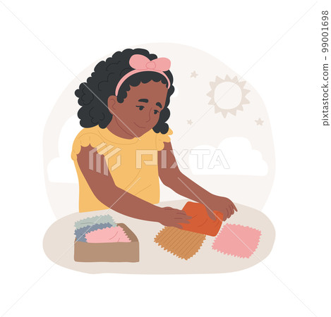 Fabrics isolated cartoon vector illustration. Box with fabrics with different texture, child touching piece of cloth, montessori method, kid exploring material, tactile sense vector cartoon. 99001698