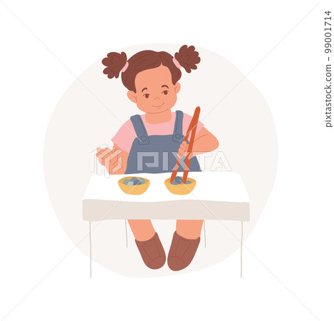 Tong transfer isolated cartoon vector illustration. Dry transfer using tongs, put objects from one bowl to another, fine motor skill exercise, montessori preschool program vector cartoon. 99001714