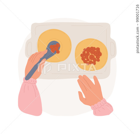 Spooning objects isolated cartoon vector illustration. Preschool program, montessori method, child spooning from one bowl to another, fine motor exercise, practical life skill vector cartoon. 99001716