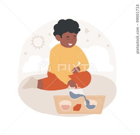 Dry and wet pouring isolated cartoon vector illustration. Practical life skill development, fine motor activity, child pouring liquid, dry material, montessori method teaching vector cartoon. 99001718