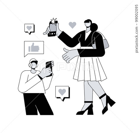 Likes addiction abstract concept vector illustration. Addicted to likes, thumbs-up dependence, social media madness, selfie addiction, posting photos, self esteem problem abstract metaphor. 99002095