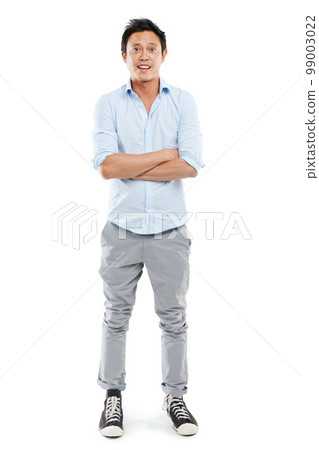 Business man, studio portrait and arms crossed in studio for surprise, confused or shocked emoji. Male asian model isolated on a white background for wow fashion or business news announcement 99003022
