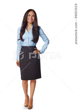 Business woman, happy with smile in portrait, success in corporate job, leadership isolated on white background. Company mockup with professional, motivation and career with female leader and vision Business woman, happy with smile in portrait, success in corporate job, leadership isolated on white background. Company mockup with professional, motivation and career with female leader and vision 99003029