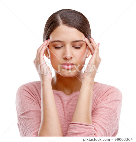 Headache, stress and frustrated with woman in pain suffering with anxiety, depression and burnout fatigue. Mental health, sad and migraine with face of worried girl for sick, mistake and exhausted 99003364