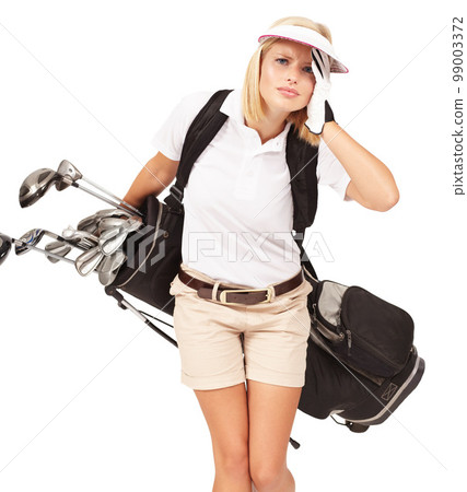 Golf woman, club bag and headache in studio portrait with stress, tired and sports equipment by white background. Isolated golfer girl, iron or golf club backpack for game, sport and pain in head Golf woman, club bag and headache in studio portrait with stress, tired and sports equipment by white background. Isolated golfer girl, iron or golf club backpack for game, sport and pain in head 99003372