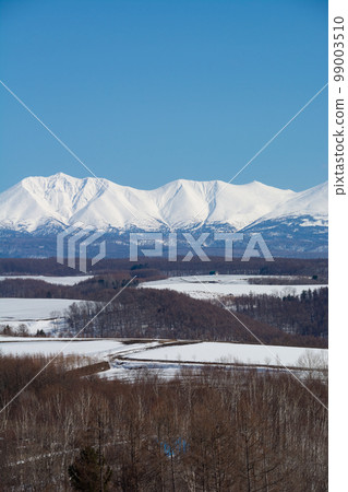 Field of remaining snow in spring and snowy mountains Tokachidake mountain range 99003510