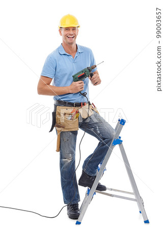 Portrait, construction and a DIY man in studio isolated on a white background with a ladder and drill. Building, design and industry with a male handyman using an electric tool for renovation Portrait, construction and a DIY man in studio isolated on a white background with a ladder and drill. Building, design and industry with a male handyman using an electric tool for renovation 99003657
