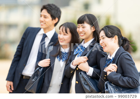 High school girls and boys lined up in the schoolyard 99003729