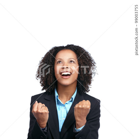 Fist, looking up and success woman isolated on white background winner, winning and vision for dream career. Mockup space, business person or black woman with goals, wow and celebration hands sign 99003755