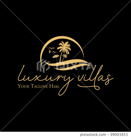 Beach or land with birds, umbrella, coconut tree, and waves image graphic icon logo design abstract concept vector stock. Can be used as a symbol related to vacation or travel. 99003853