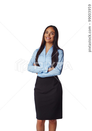 Isolated, business and portrait of woman with mockup in white background studio for management, leader and fashion. Happy, smile and confident with Brazilian girl and arms crossed for formal and cute Isolated, business and portrait of woman with mockup in white background studio for management, leader and fashion. Happy, smile and confident with Brazilian girl and arms crossed for formal and cute 99003959