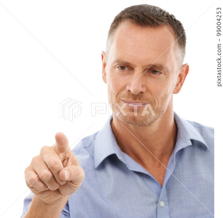 Business man, hand with finger point and touch, virtual screen and technology abstract isolated on white background. Press, digital and face, scroll and ui, user experience and future tech in studio Business man, hand with finger point and touch, virtual screen and technology abstract isolated on white background. Press, digital and face, scroll and ui, user experience and future tech in studio 99004253