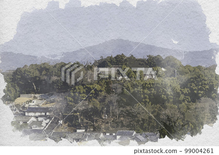 岡山縣倉敷市鶴形山上的阿智神社，水彩風格的倉敷市區 99004261