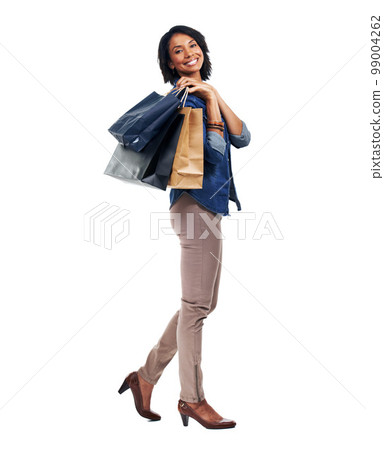Fashion, shopping or happy customer with smile or clothes in studio on white background with marketing mockup space. Sale, black woman or girl with shopping bags on discount deal or promotional offer 99004262