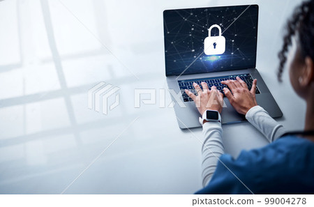 Doctor, hands or laptop in futuristic healthcare, cybersecurity app or life insurance safety on or hospital database. Nurse, woman or medical technology hologram on lock software, trust or protection 99004278