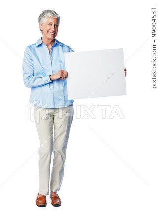 Poster mockup, portrait and happy senior woman with marketing placard, advertising banner or product placement. Studio mock up, billboard promotion sign and sales model isolated on white background 99004531