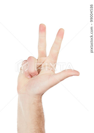 Man, hand or counting fingers in mathematic solution, problem solving or education addition on isolated white background. Zoom, model or teacher gesture in numbers countdown, timer or emoji in studio 99004586