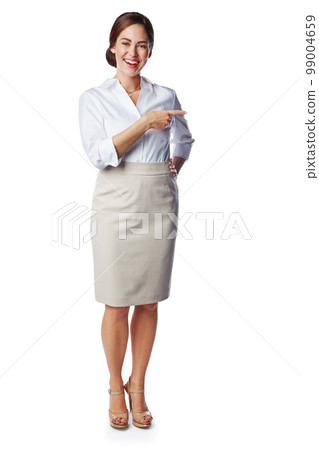 Mock up, space and corporate woman pointing finger isolated against a studio white background. Confident, happy and smiling female entrepreneur showing copy space gesture for a promo banner Mock up, space and corporate woman pointing finger isolated against a studio white background. Confident, happy and smiling female entrepreneur showing copy space gesture for a promo banner 99004659