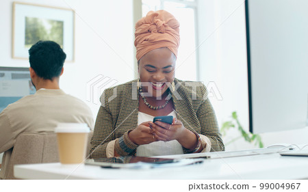 Business phone, office and black woman laughing at funny meme, joke or comedy on social media. Comic, cellphone and female employee with mobile smartphone laugh at online humor while web browsing. 99004967