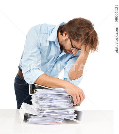 Burnout, headache and businessman with stack of paperwork for review, project and report. Thinking, stress and tired employee with pile of files, papers and documents isolated on white background 99005125