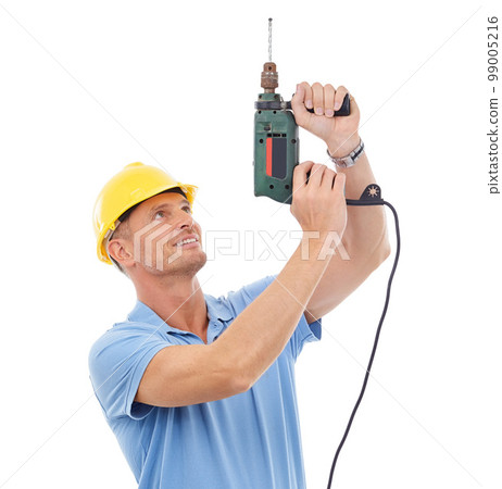 Drill, construction tools and man with ppe helmet for engineering, maintenance and building. Manual labor, repair service and contractor, builder and handyman with electric gear on white background 99005216