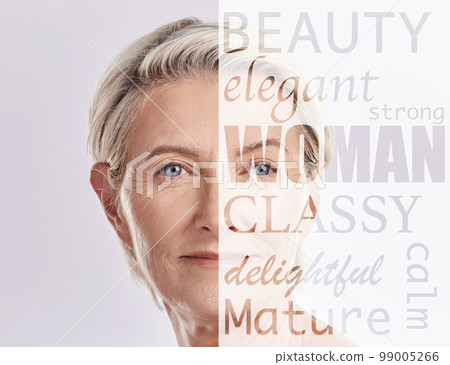 Beauty, skincare and senior woman in text overlay for makeup or cosmetics isolated on white background. Empowerment, portrait and face of elderly model or person in self love collage or mockup space Beauty, skincare and senior woman in text overlay for makeup or cosmetics isolated on white background. Empowerment, portrait and face of elderly model or person in self love collage or mockup space 99005266
