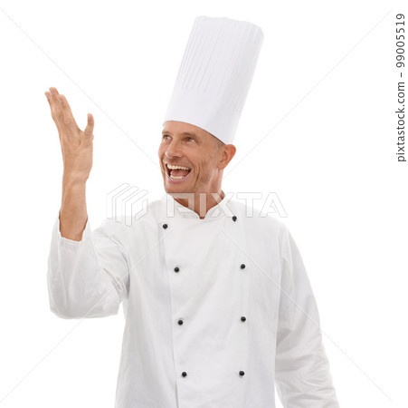 Man, chef and celebrating skill for taste, cooking or creation standing isolated on a white studio background. Happy male culinary artist or cuisinier in uniform with proud smile for food expertise Man, chef and celebrating skill for taste, cooking or creation standing isolated on a white studio background. Happy male culinary artist or cuisinier in uniform with proud smile for food expertise 99005519