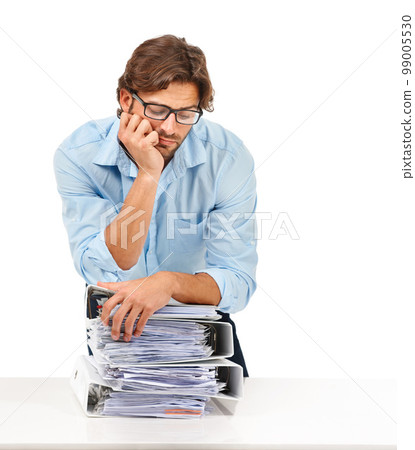 Burnout, stress and businessman with stack of paperwork on desk for deadline, corporate project and report. Ideas, vision and tired employee thinking with pile of files, papers and documents on desk Burnout, stress and businessman with stack of paperwork on desk for deadline, corporate project and report. Ideas, vision and tired employee thinking with pile of files, papers and documents on desk 99005530