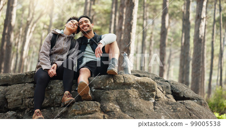 Hiking, forest and nature couple people on rock for journey, adventure or wellness lifestyle with trees, fitness gear and backpack. Trekking, relax and diversity friends travel in mountains or woods Hiking, forest and nature couple people on rock for journey, adventure or wellness lifestyle with trees, fitness gear and backpack. Trekking, relax and diversity friends travel in mountains or woods 99005538