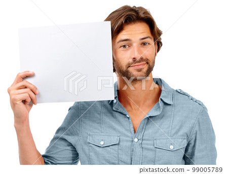 Mockup, studio portrait and man with poster, placard or billboard for marketing, advertising or product placement. Paper sign, banner space and sales model with promotion mock up on white background Mockup, studio portrait and man with poster, placard or billboard for marketing, advertising or product placement. Paper sign, banner space and sales model with promotion mock up on white background 99005789