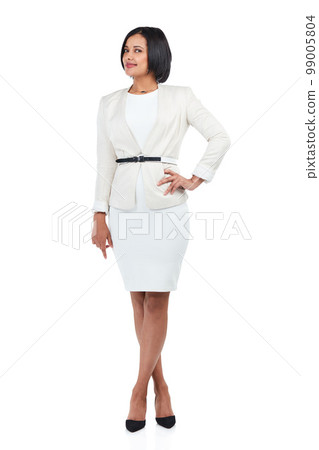 Business woman, portrait and isolated white background of a corporate professional in a studio. Proud, model and entrepreneur with a smile and mock up space ready for executive work and job alone 99005804