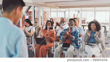 Business people, mentor and applause for presentation, coaching or corporate training in workshop seminar. Group of creative employee designers clapping for speaker, meeting or startup at the office 99005830