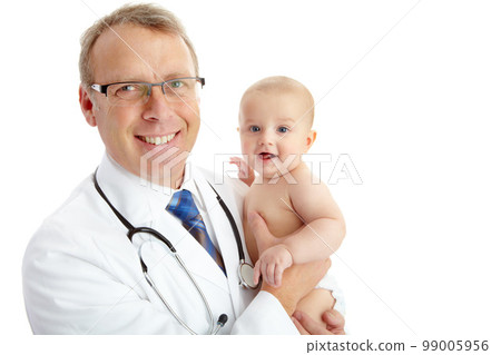 Face, doctor and man with baby in studio isolated on a white background mockup. Portrait, healthcare and happy medical worker, physician and mature male pediatrician holding infant, kid or toddler. 99005956