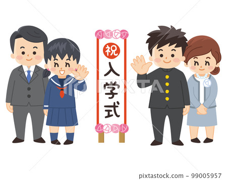 站在入學典禮招牌前的中學生和家長 99005957
