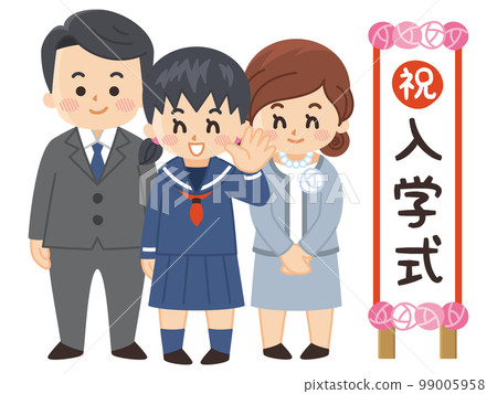 站在入學典禮招牌前的初高中女學生及其家長 站在入學典禮招牌前的初高中女學生及其家長 99005958