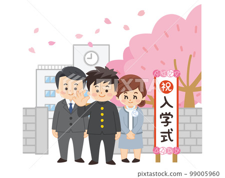 Male junior high and high school students and their parents standing in front of the entrance ceremony signboard Male junior high and high school students and their parents standing in front of the entrance ceremony signboard 99005960