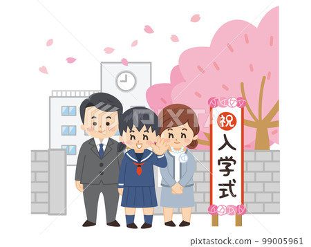 Female junior high and high school students and their parents standing in front of the entrance ceremony signboard Female junior high and high school students and their parents standing in front of the entrance ceremony signboard 99005961