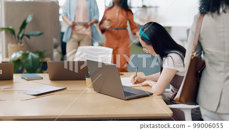 Asian woman, laptop and writing in notebook for planning strategy, schedule management or finance checklist in office. Employee, reading email communication and notes for creative startup company 99006055
