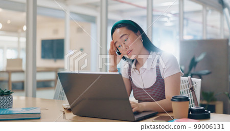 Laptop, burnout or woman with headache, stress or fatigue at office desk working on a digital marketing SEO project. Tired, overworked or upset Japanese employee frustrated with migraine pain problem 99006131