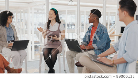 Business people, meeting startup and digital marketing manager with multimedia technology strategy, coaching and mentorship. Diversity, speaker and circle of employees with website design leadership 99006135