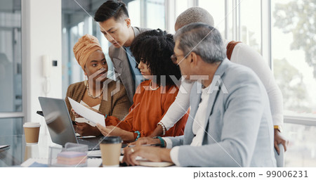 Team, business people and conversation with laptop, brainstorming for advertising campaign and office. Staff, teamwork and digital analysis for group project, sales growth and collaboration for goal 99006231