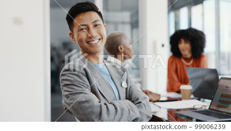 Laptop, meeting and face of a professional Asian man in the office conference room planning a corporate strategy. Happy, smile and portrait of businessman working on a project with team in workplace 99006239