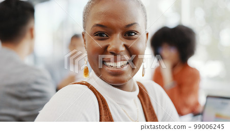 Face, business and black woman in meeting, brainstorming and planning in office. Team, staff and female leader with smile, conversation and share idea for innovation, corporate goal or company target Face, business and black woman in meeting, brainstorming and planning in office. Team, staff and female leader with smile, conversation and share idea for innovation, corporate goal or company target 99006245