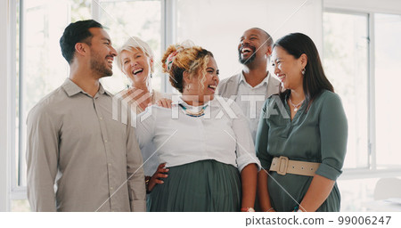 Success, happy or funny business people in an office building laughing at a funny joke after a group meeting. Diversity, comic or employees with big smiles bonding after a successful business deal Success, happy or funny business people in an office building laughing at a funny joke after a group meeting. Diversity, comic or employees with big smiles bonding after a successful business deal 99006247