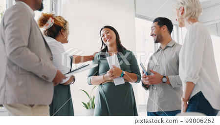 Applause, success and woman celebrate for target, bonus and sale with employees for congratulations on win. Support, mission or woman celebrates partnership growth, team work or achievement with work Applause, success and woman celebrate for target, bonus and sale with employees for congratulations on win. Support, mission or woman celebrates partnership growth, team work or achievement with work 99006262