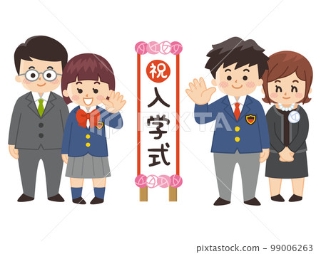 站在入學典禮招牌前的中學生和家長 站在入學典禮招牌前的中學生和家長 99006263