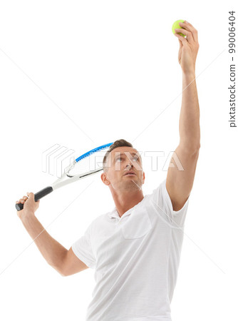 Sports fitness, tennis and man in studio isolated on white background for exercise. Training, athlete or mature male holding racket ready to hit ball for workout, game or practice, health or wellness Sports fitness, tennis and man in studio isolated on white background for exercise. Training, athlete or mature male holding racket ready to hit ball for workout, game or practice, health or wellness 99006404