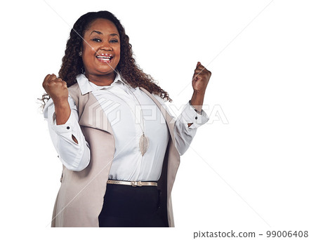Success, winner and portrait of black woman on a white background for victory, promotion and achievement. Advertising, mockup space and happy female isolated in studio cheer, winning and celebration 99006408